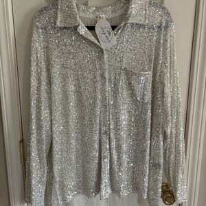 POL Sparkling Silver Sequin Blouse